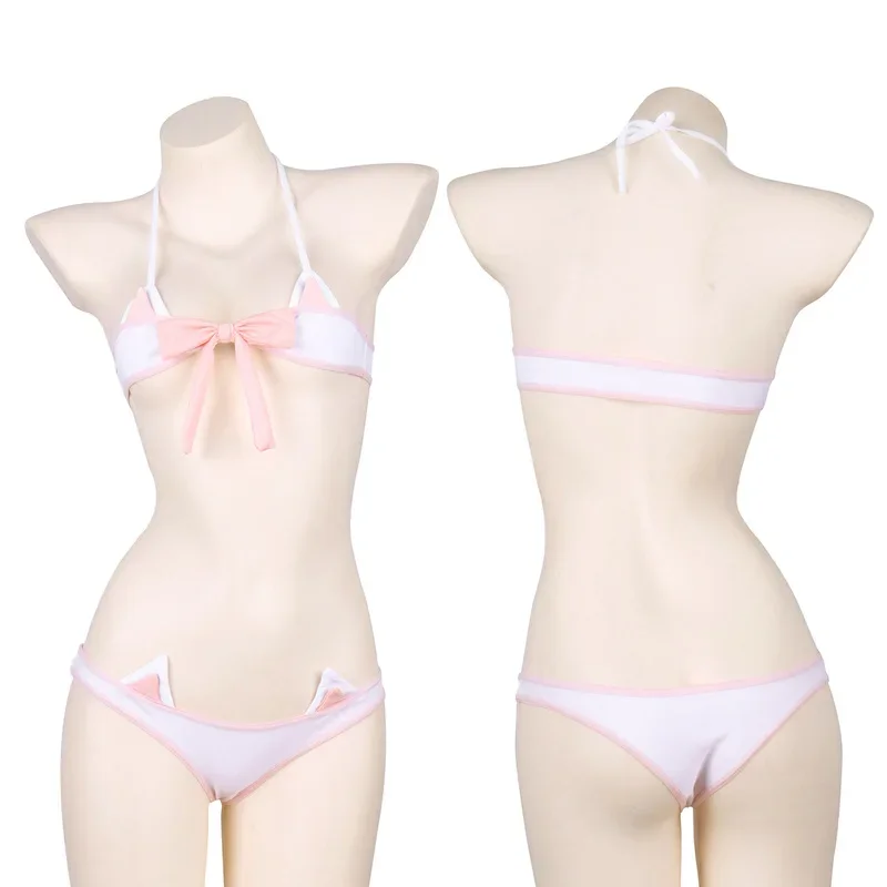 Bandage - ชุดบิกินี่มินิสีชมพูสไตล์โลลิต้า อนิเมะ พร้อมโบว์ ชุดนอนลายสก็อตหูแมวน่ารัก ชุดชั้นในเซ็กซี่สำหรับผู้หญิง ของขวัญ
