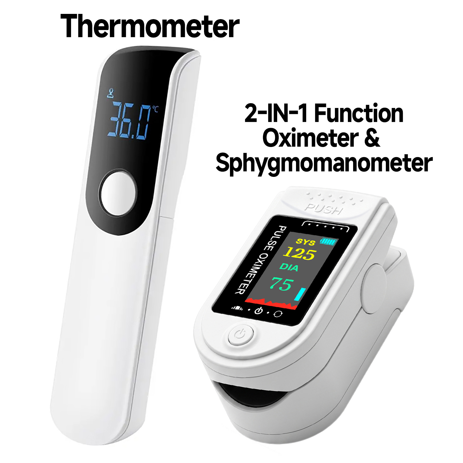Pulse Oximeter - เครื่องวัดอุณหภูมิขนาดเล็กสำหรับวัดไข้ทางการแพทย์ หรือ เครื่องวัดออกซิเจนในเลือดและวัดความดันโลหิตแบบ 2-in-1 ชุดตรวจสุขภาพส่วนบุคคลสำหรับใช้ในบ้าน