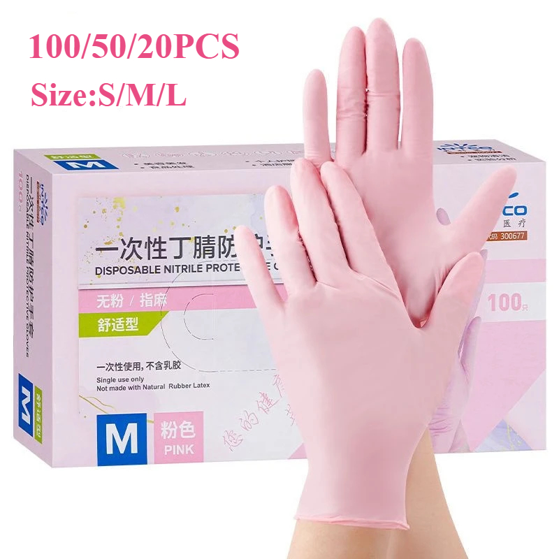 Medical Gloves - 20/50/100PCS สีชมพูถุงมือไนไตรล์ทิ้งถุงมือยางแป้งฟรีสําหรับทําความสะอาดในครัวเรือน Beauty Salon ทํางานถุงมือห้องครัว
